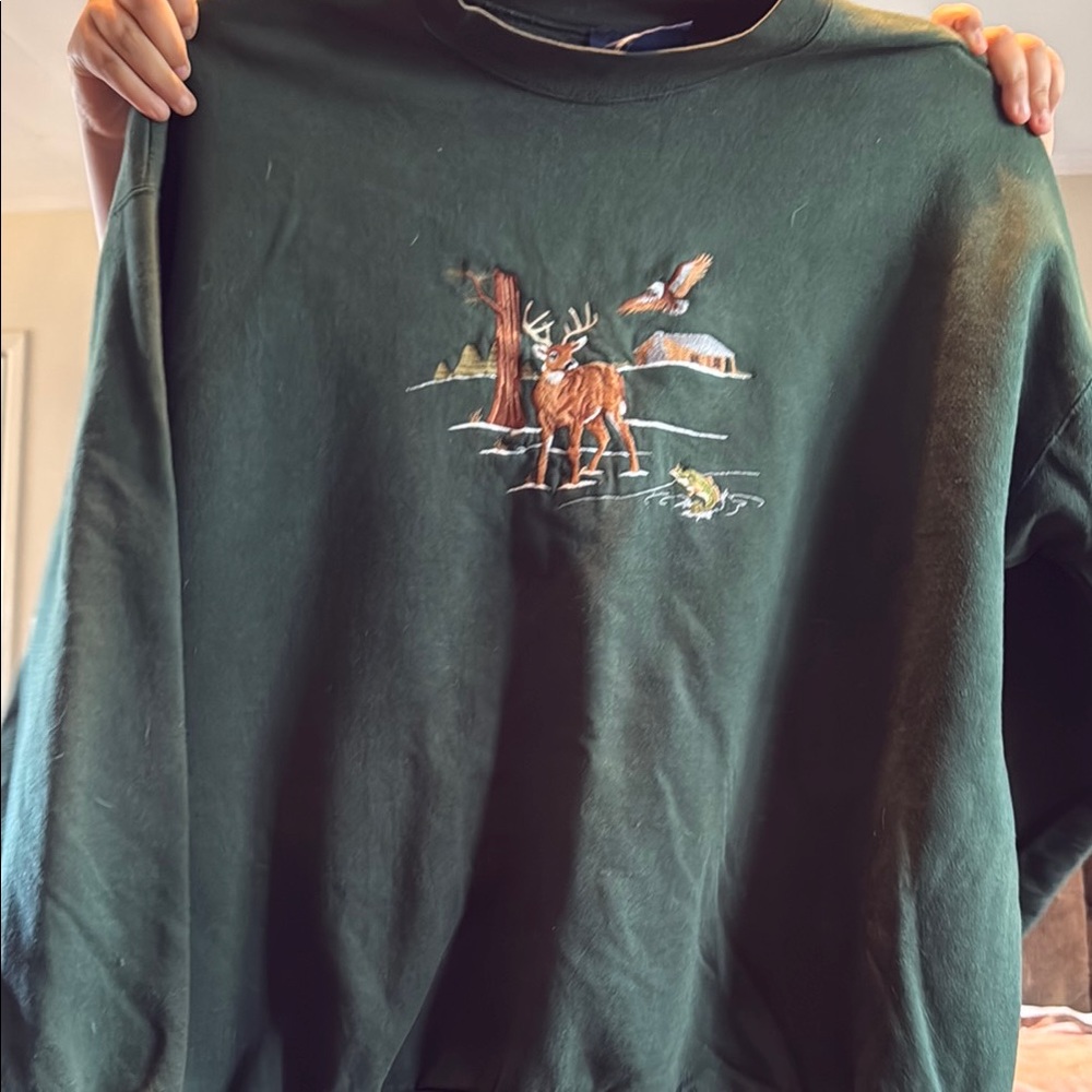 Green Sweater with Embroidered Deer Design
